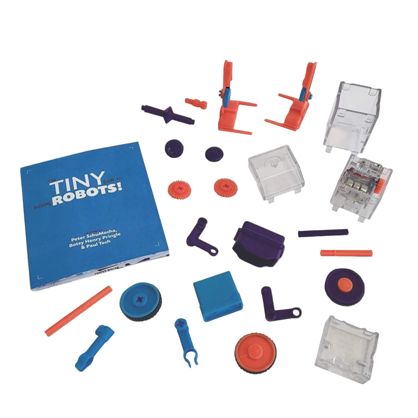 Collection of toy robot parts and a book titled 'Tiny Robots!' on a white background.