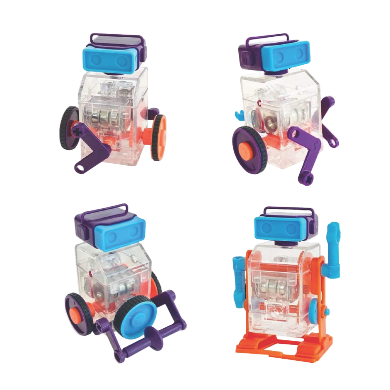 Transparent robot toys with colorful wheels on a computer screen