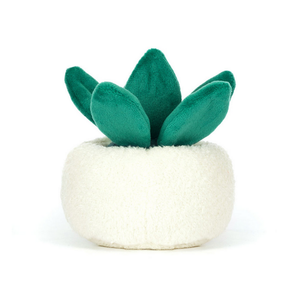 Green skull planter in a white pot on a white background with 'Amuseables' branding.
