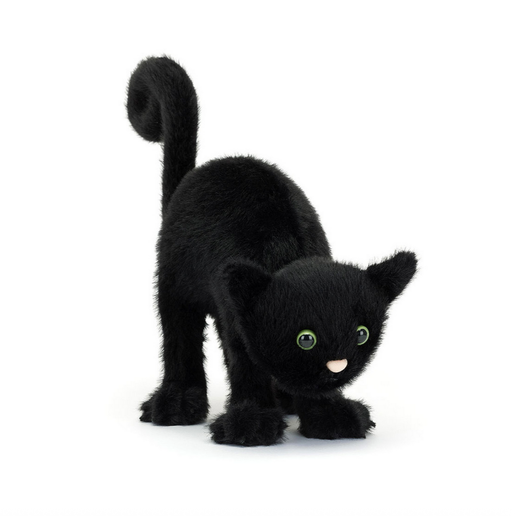 Black cat plush toy on a white background