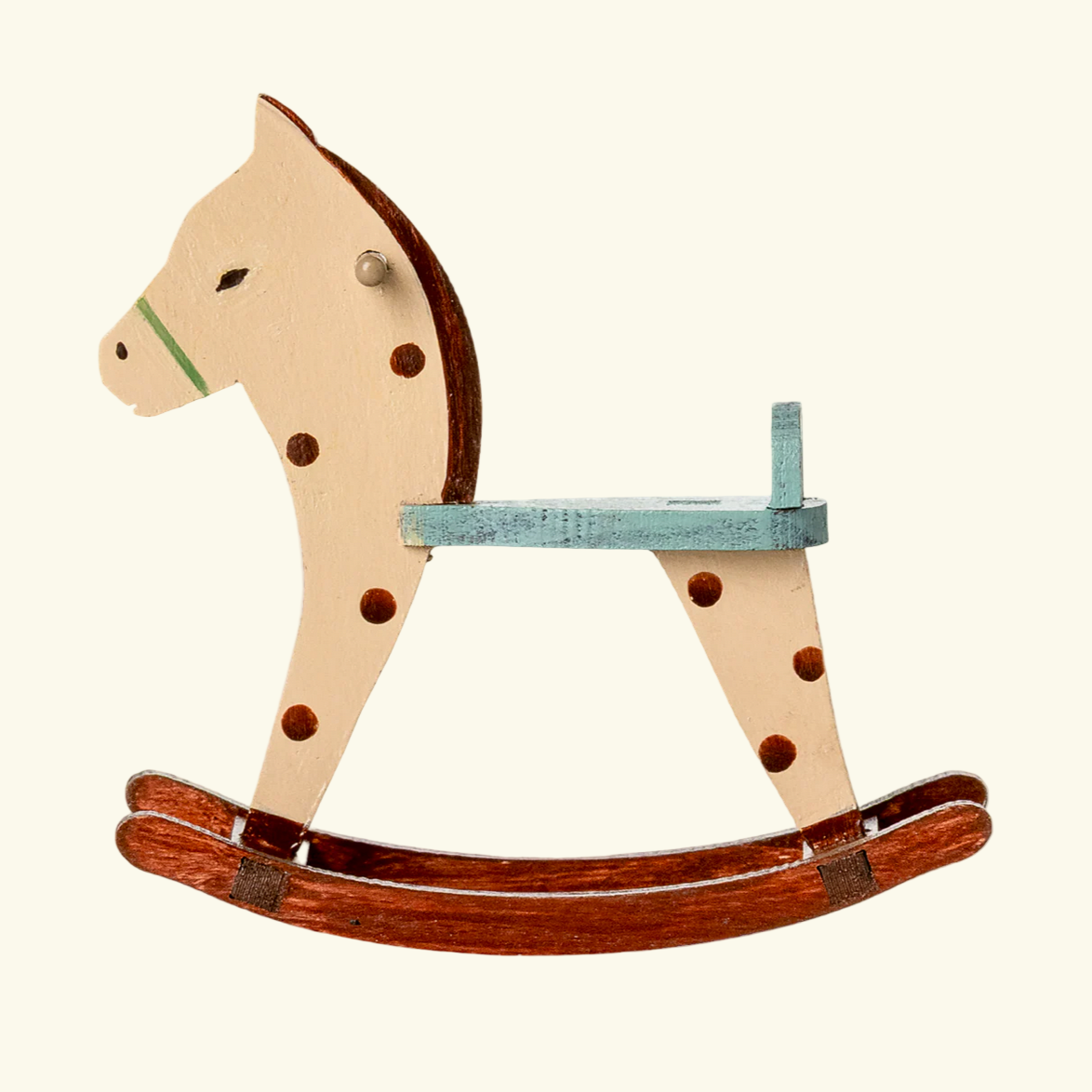 Wooden rocking horse on a website page with product details.