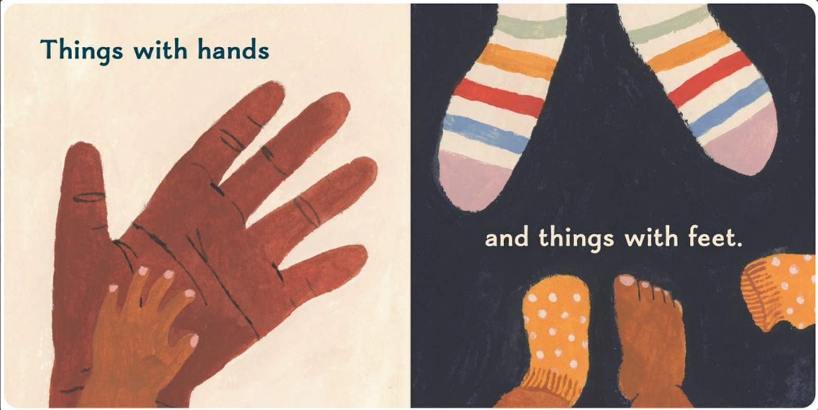 Illustration of hands and feet with text 'Things with hands' and 'and things with feet.'
