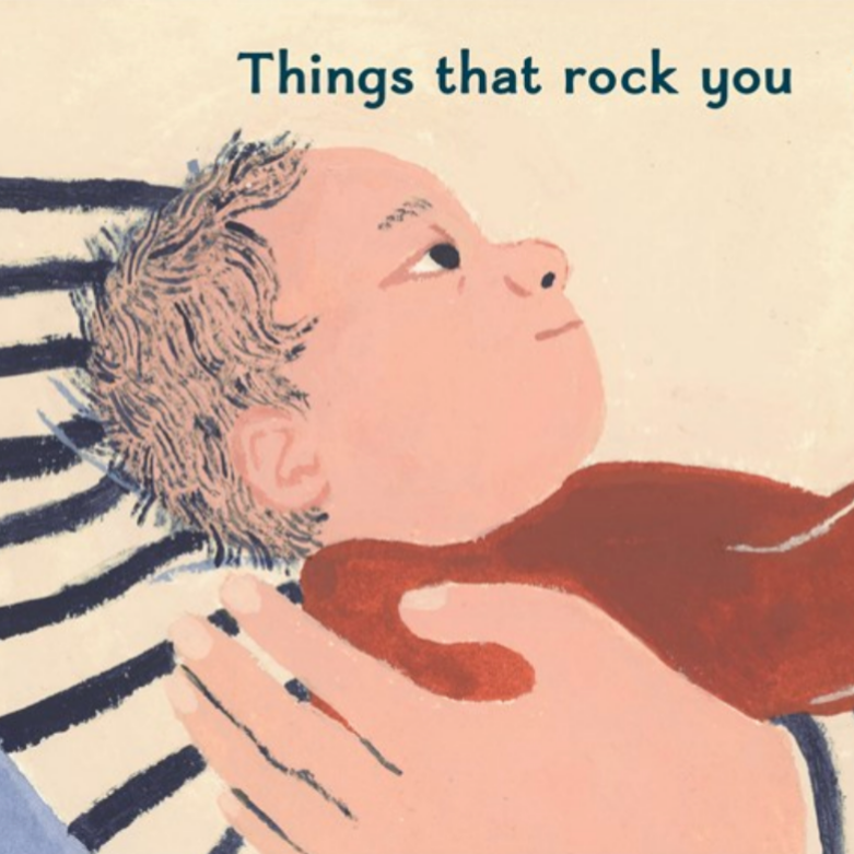Illustration of a baby being held with text 'Things that rock you till you sleep' on a striped background