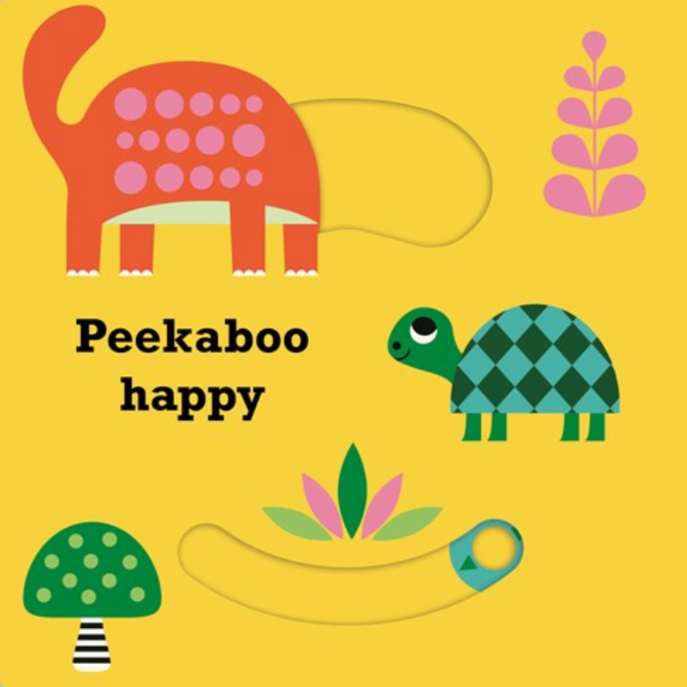 Illustrated book cover with animals and text 'Peekaboo happy' and 'Peekaboo tall' on a yellow background.