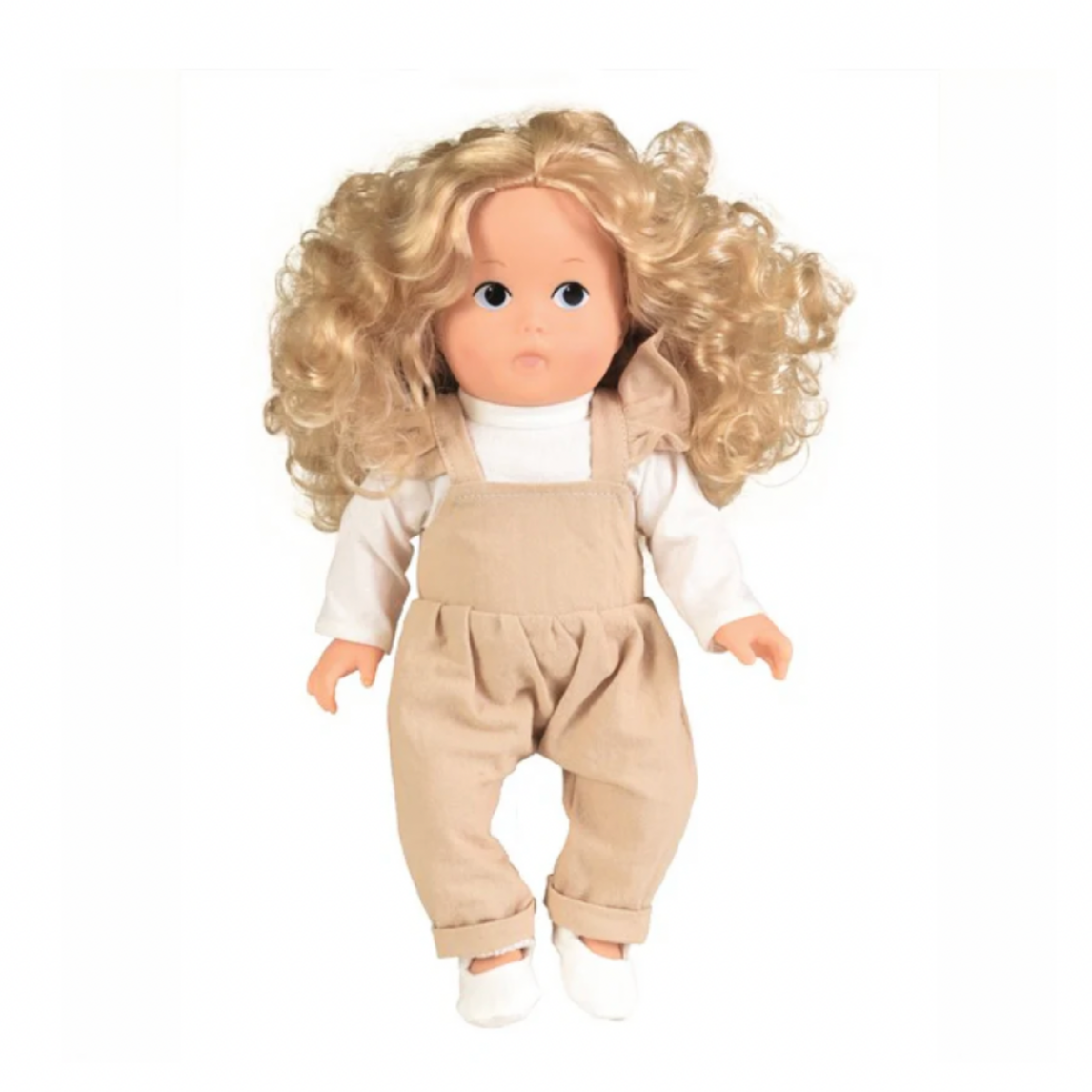 Doll with blonde hair and beige overalls 