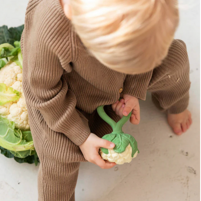 Child in brown outfit holding a toy cauliflower on a light background