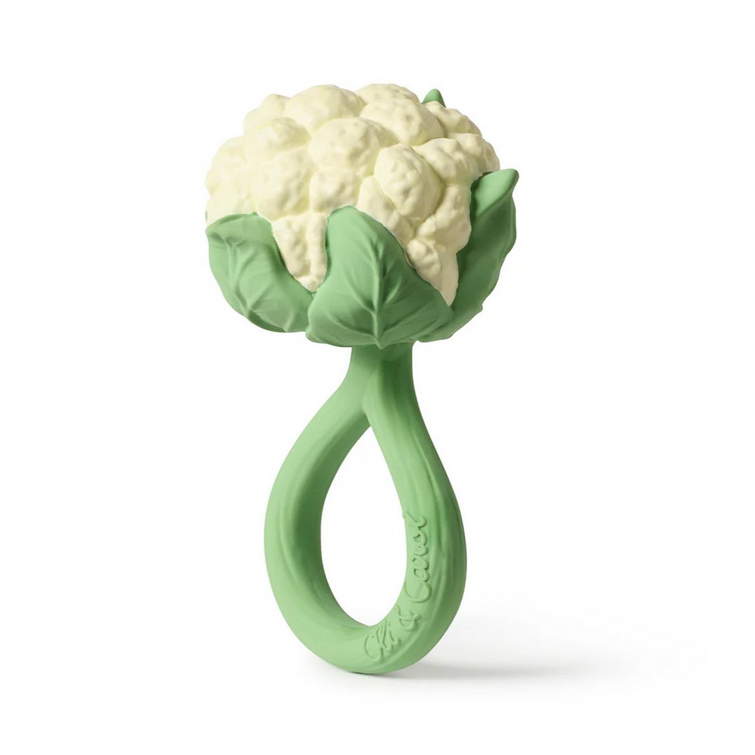 Cauliflower-shaped green teething ring on a white background