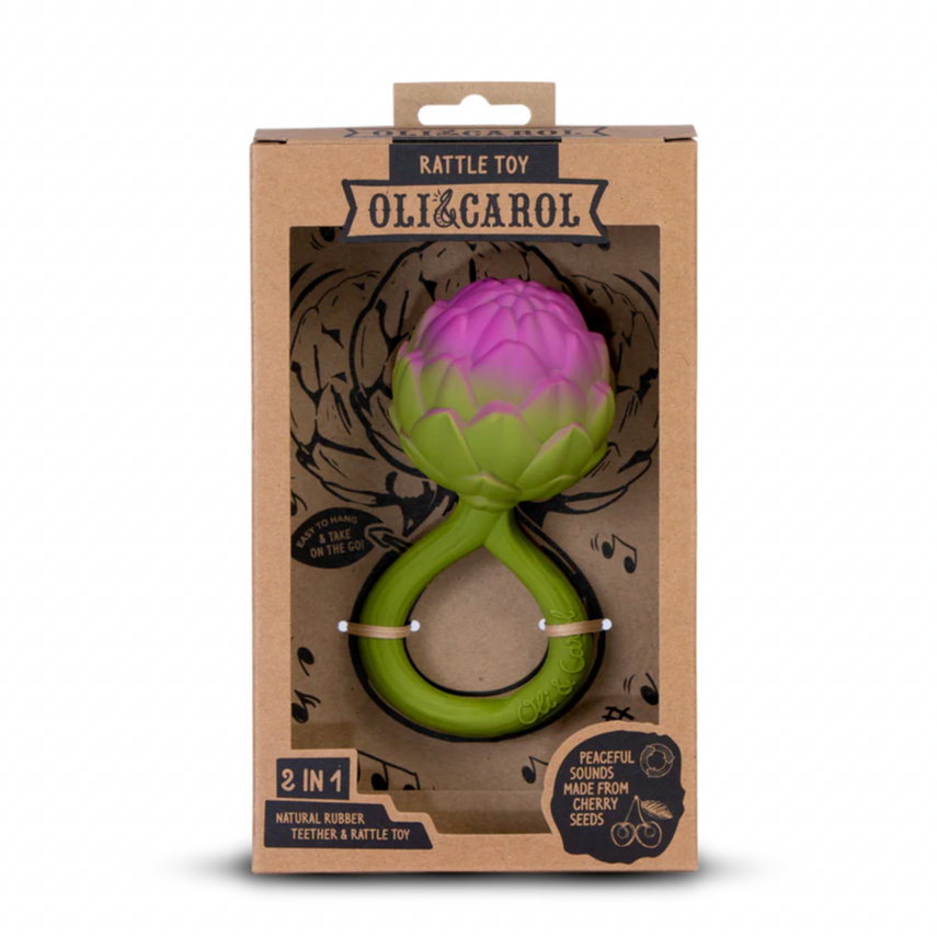 Green and purple rattle toy in Oli & Carol packaging on a white background