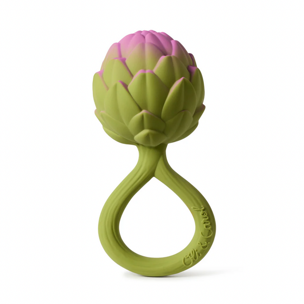 Green artichoke-shaped teething ring on a white background