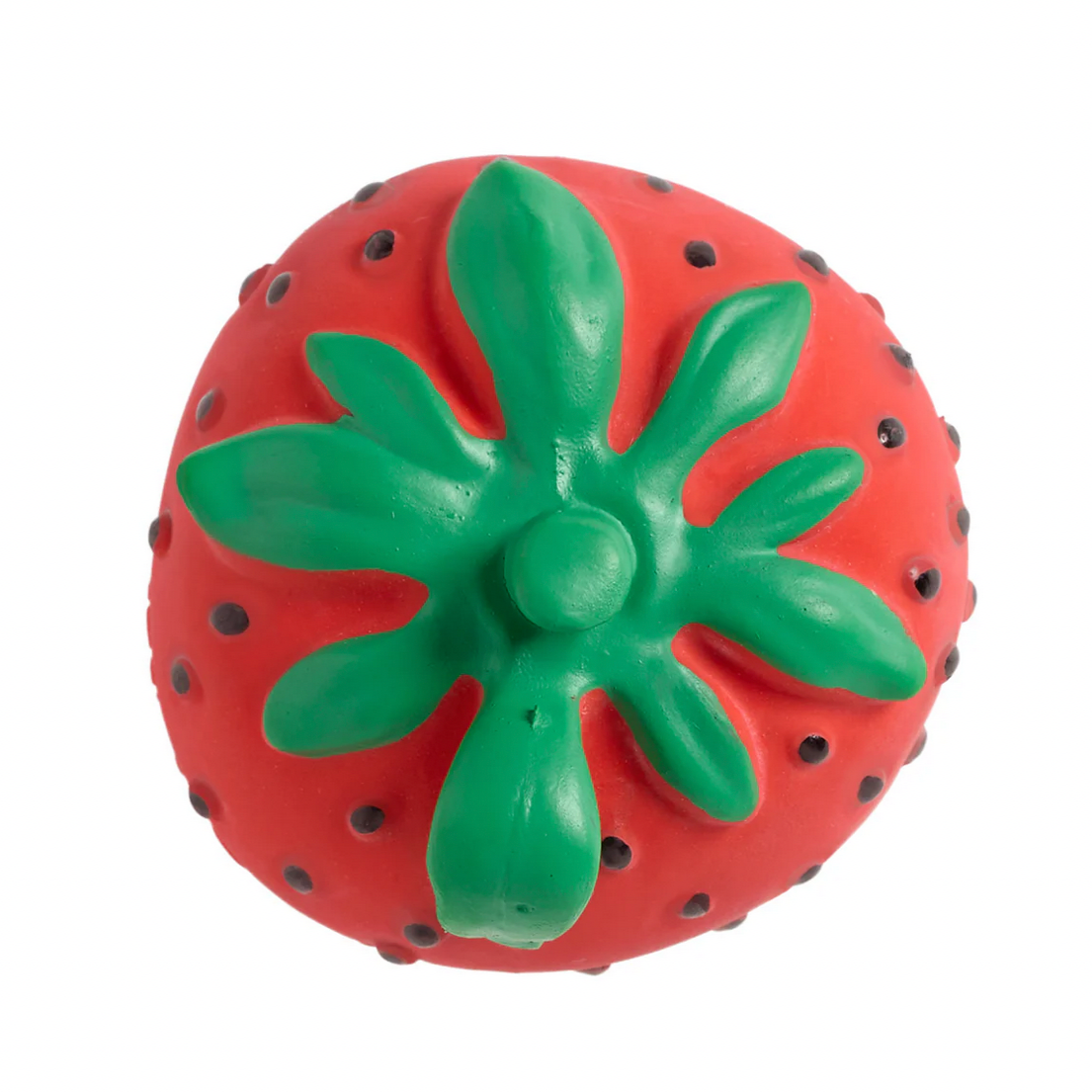 Strawberry-shaped toy with green leaves on a white background