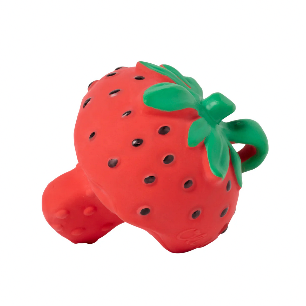 Strawberry-shaped toy with a green stem on a white background