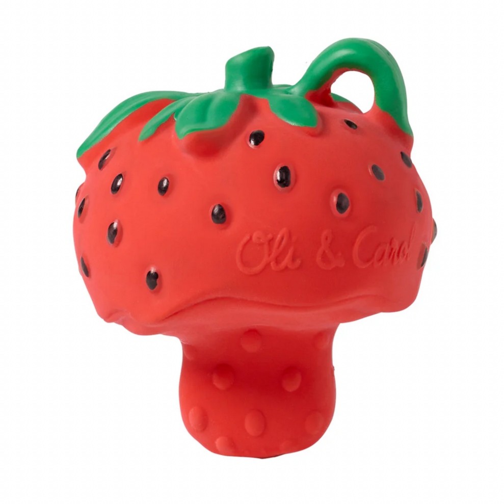 Strawberry-shaped teether with green top on a white background