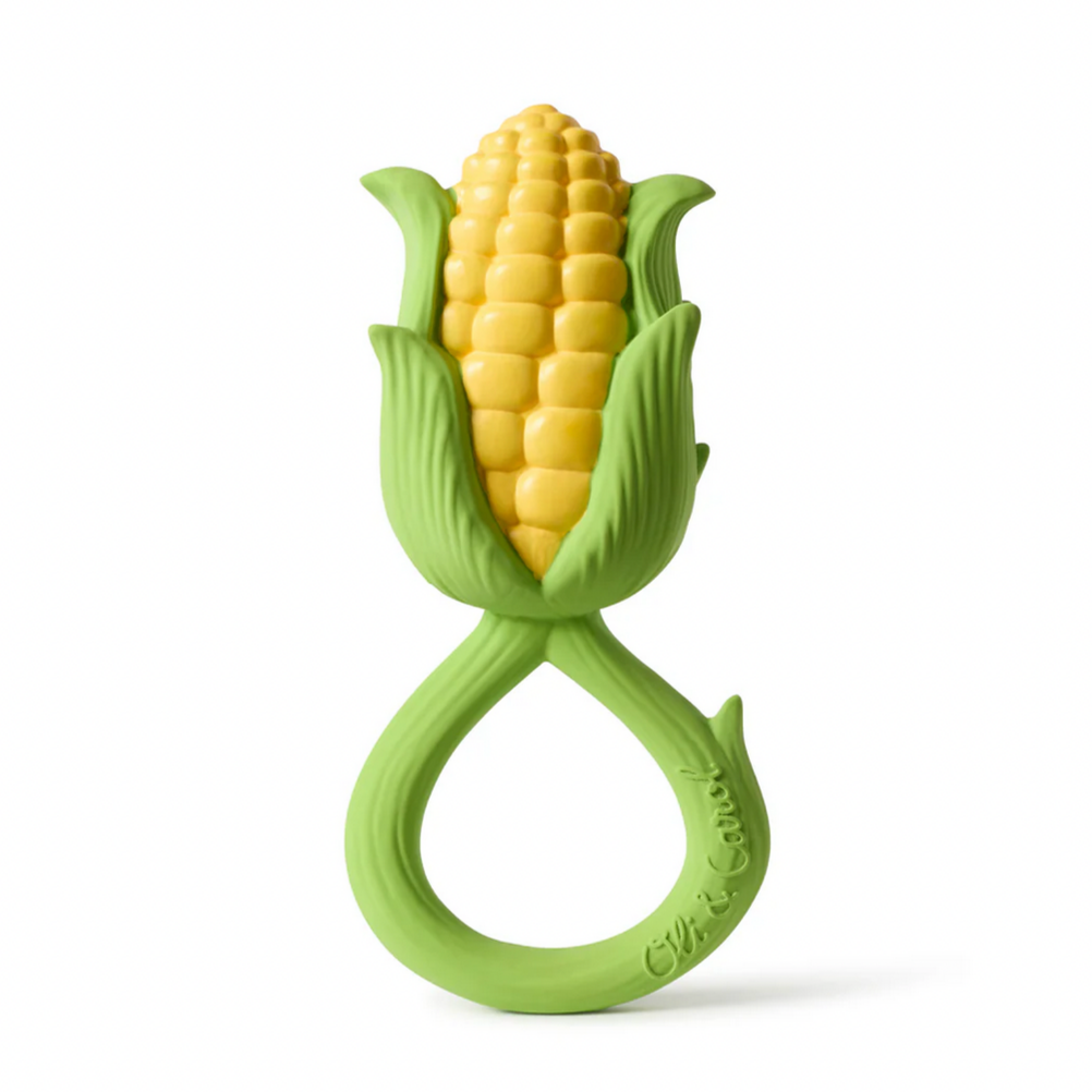 Corn-shaped green teether on a white background