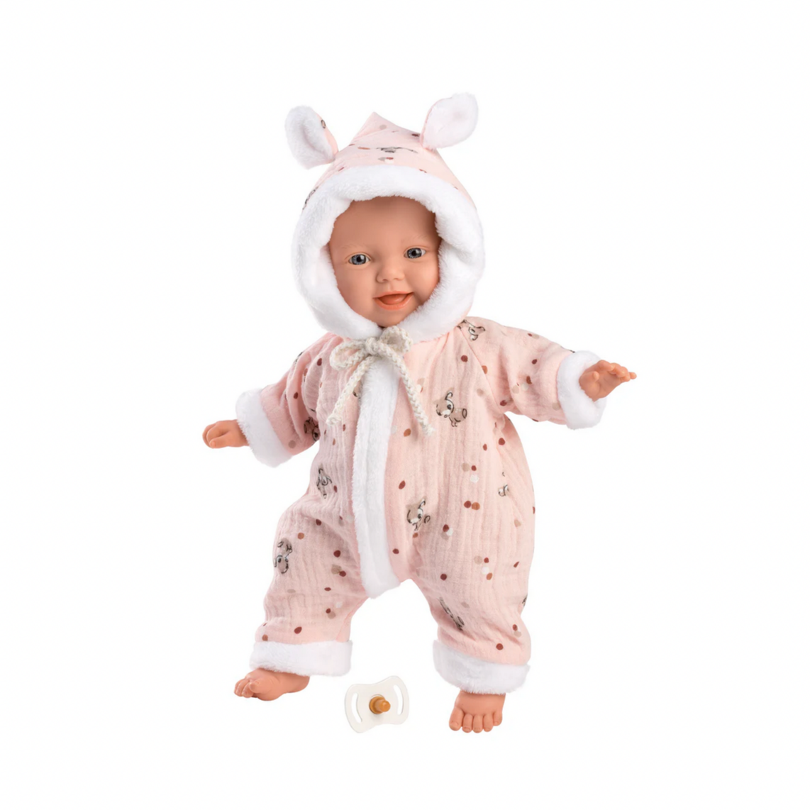 Baby doll in a pink outfit with bunny ears 