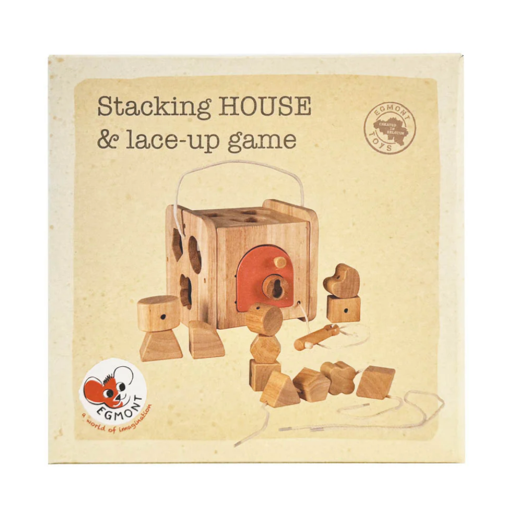 Wooden toy set packaging with 'Stacking House & lace-up game' text on a beige background.