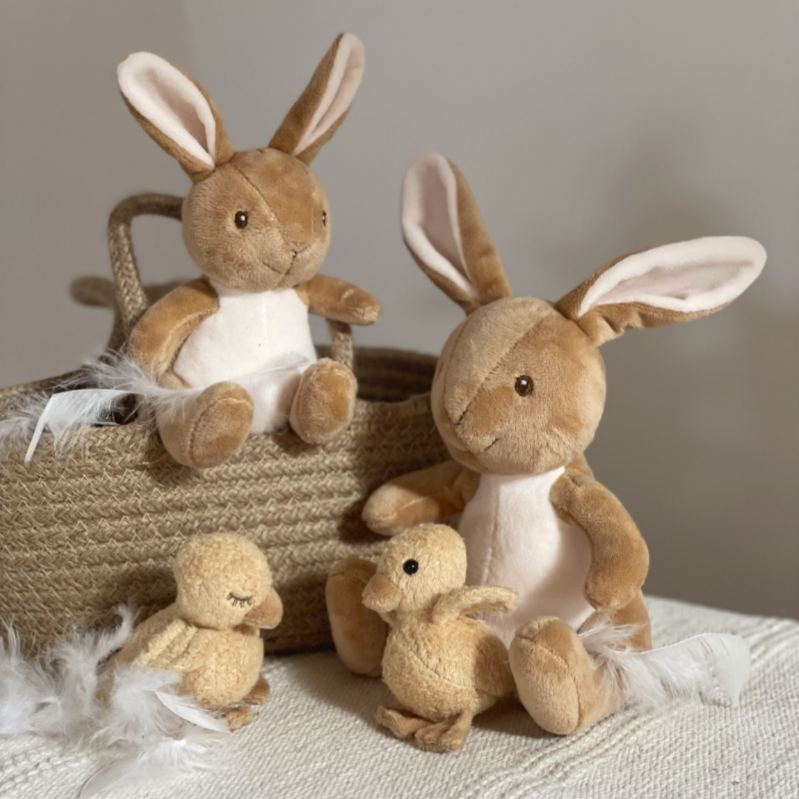 Set of plush rabbit and duck toys on a textured surface with a neutral background