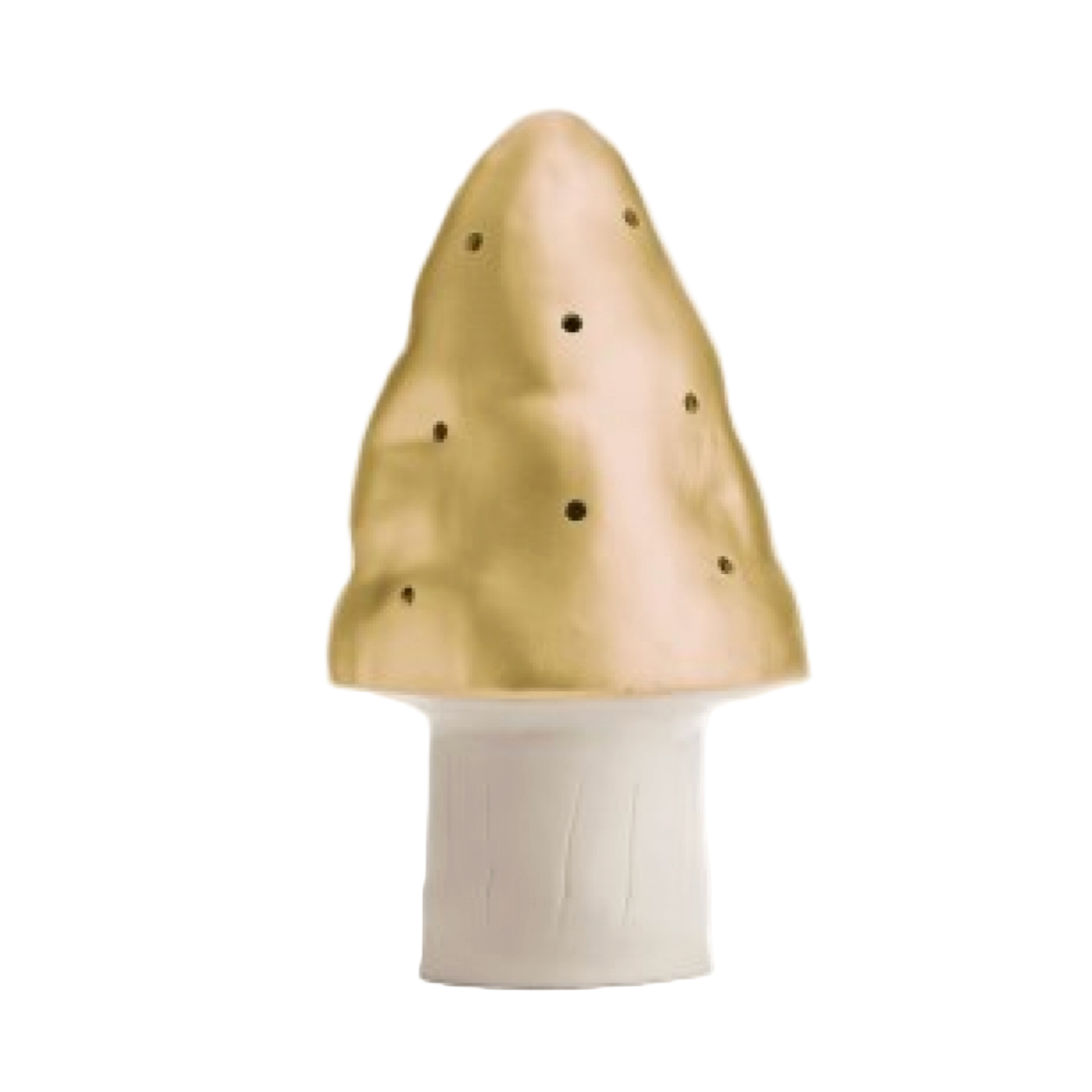 Decorative mushroom-shaped light with a gold cap and white stem on a white background