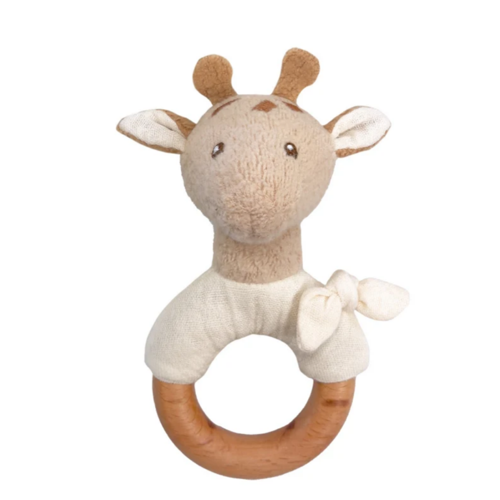 Giraffe-shaped teething ring with a wooden handle on a white background