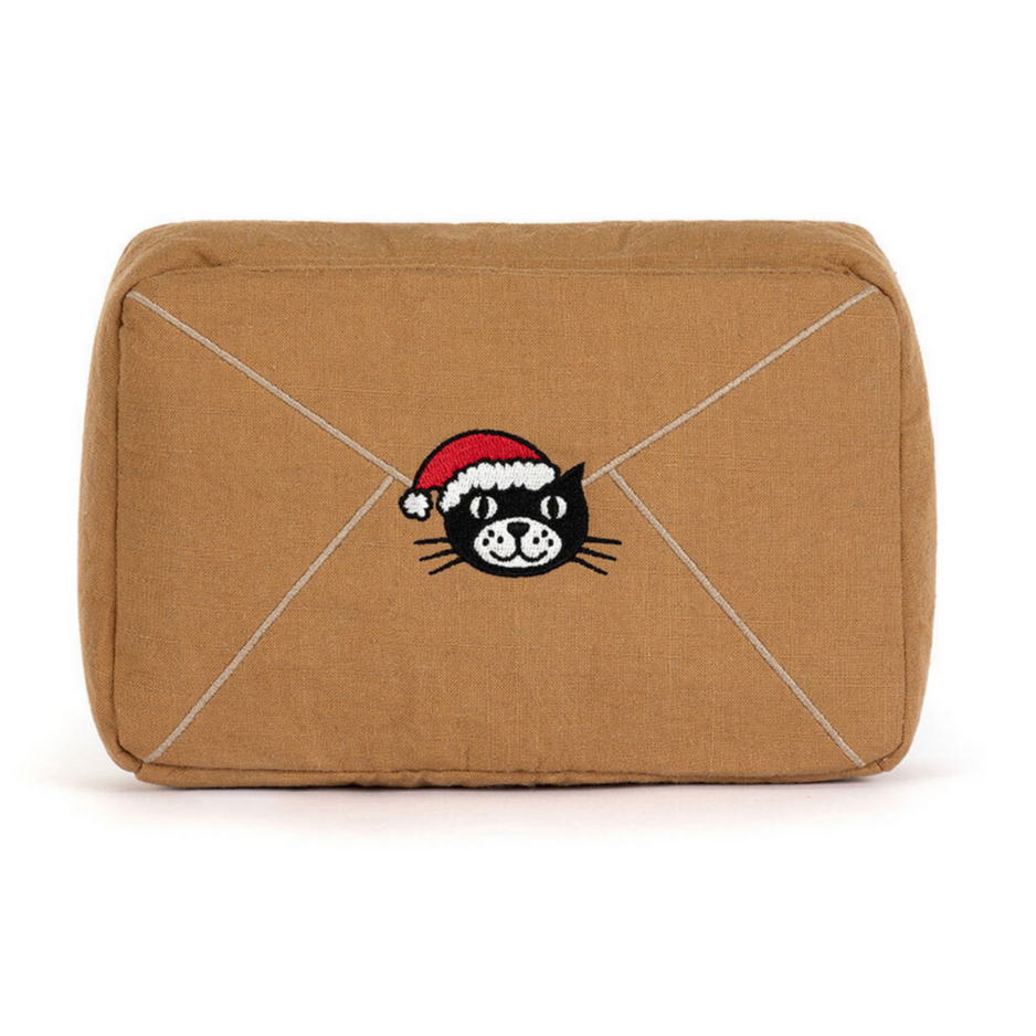 Brown pouch with a cat face design wearing a Santa hat on a white background