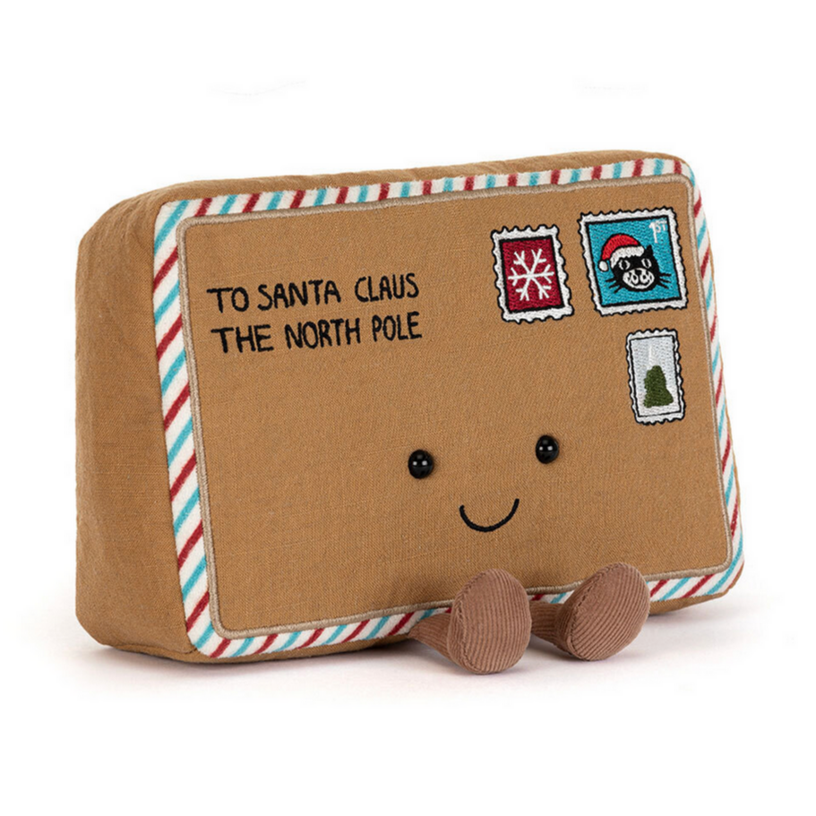 Stuffed letter to Santa Claus with a smiley face on a white background