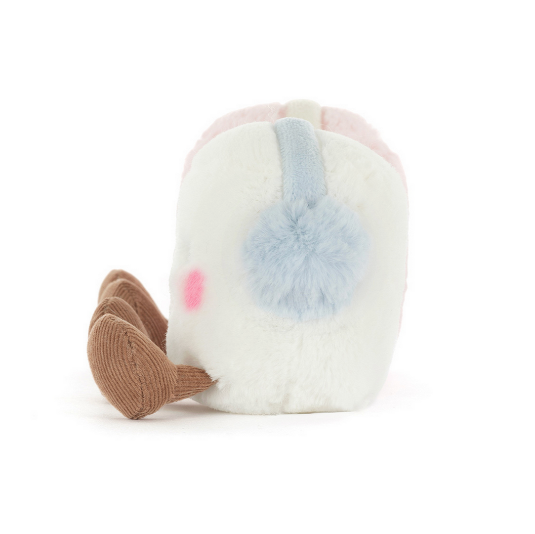 White plush toy with a blue pom-pom and brown legs on a white background