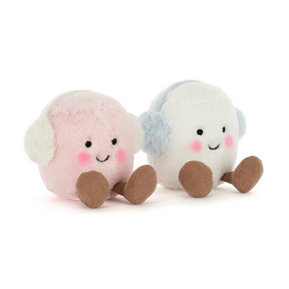 Two plush toys resembling marshmallow's on a white background