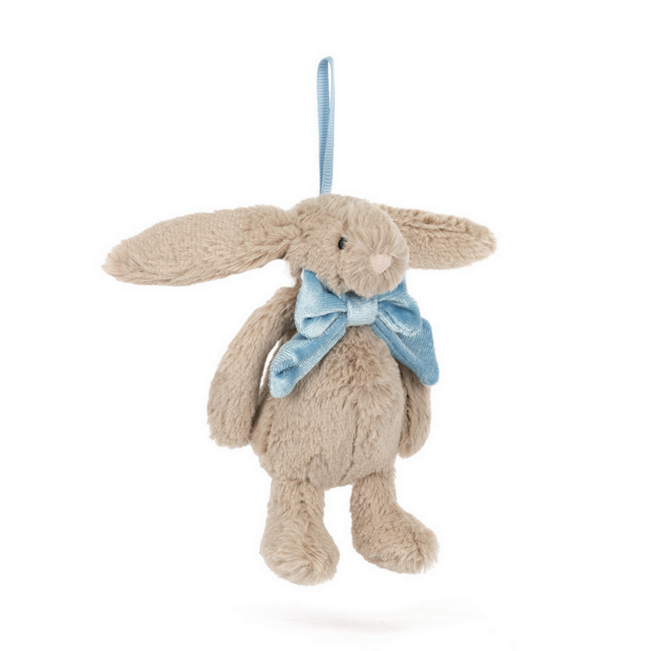 Plush bunny toy with a blue bow tie on a white background