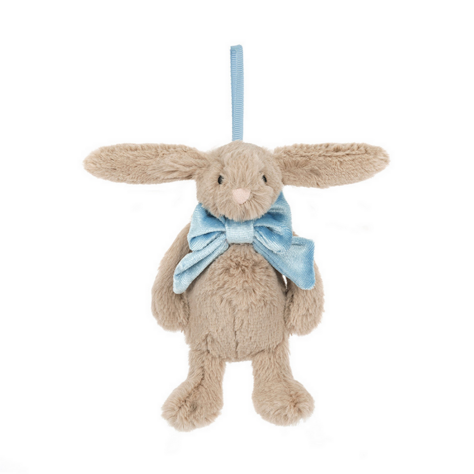 Plush bunny toy with a blue bow tie on a white background