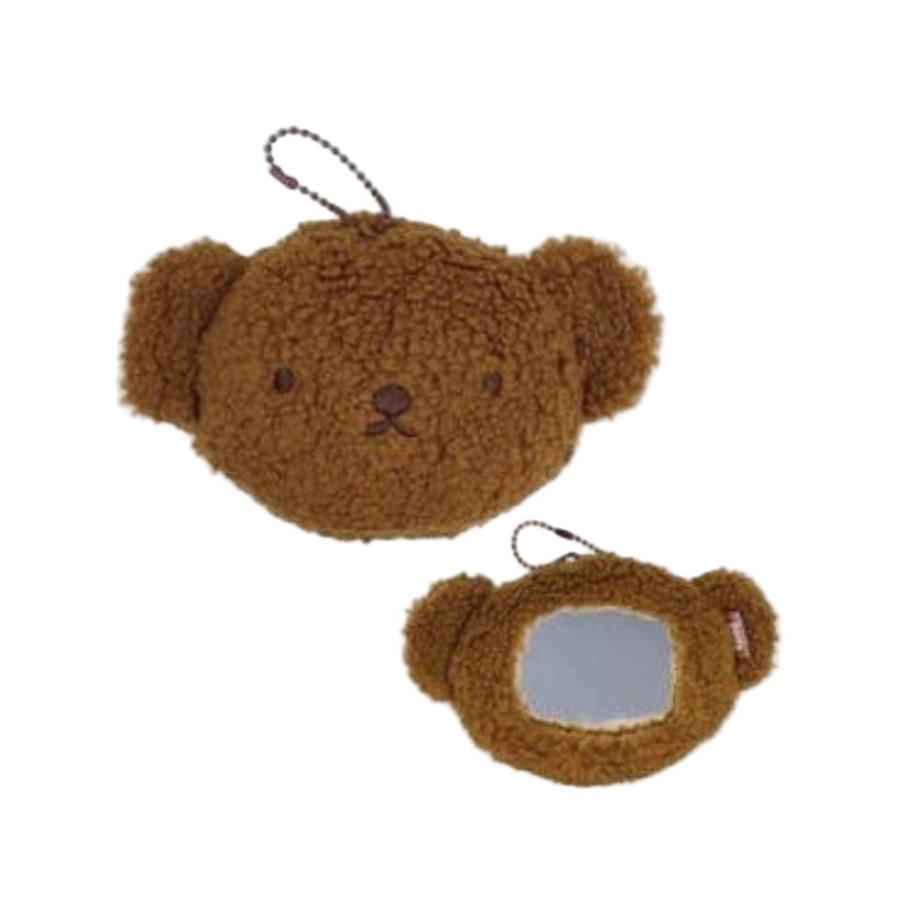 Brown teddy bear-shaped pouch with mirror on a white background