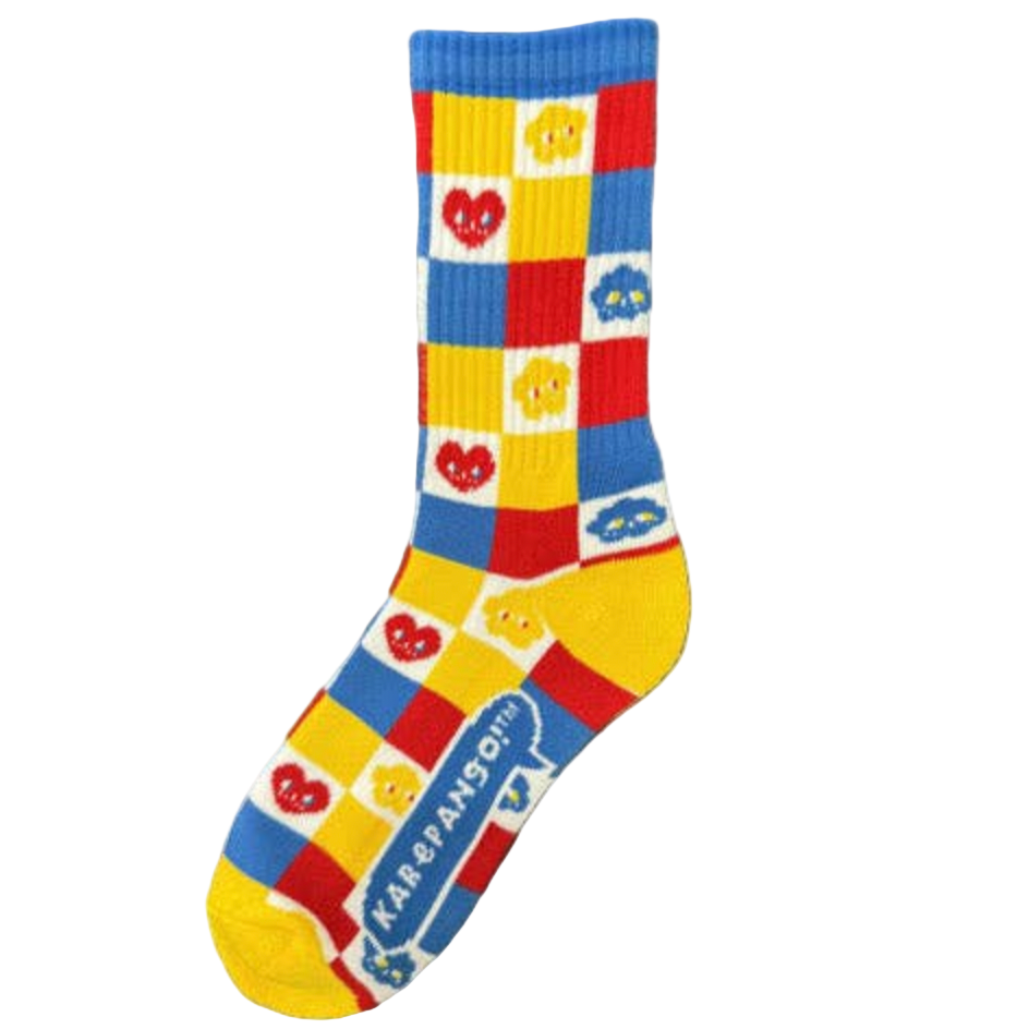 Colorful checkered sock with cartoon characters on a white background