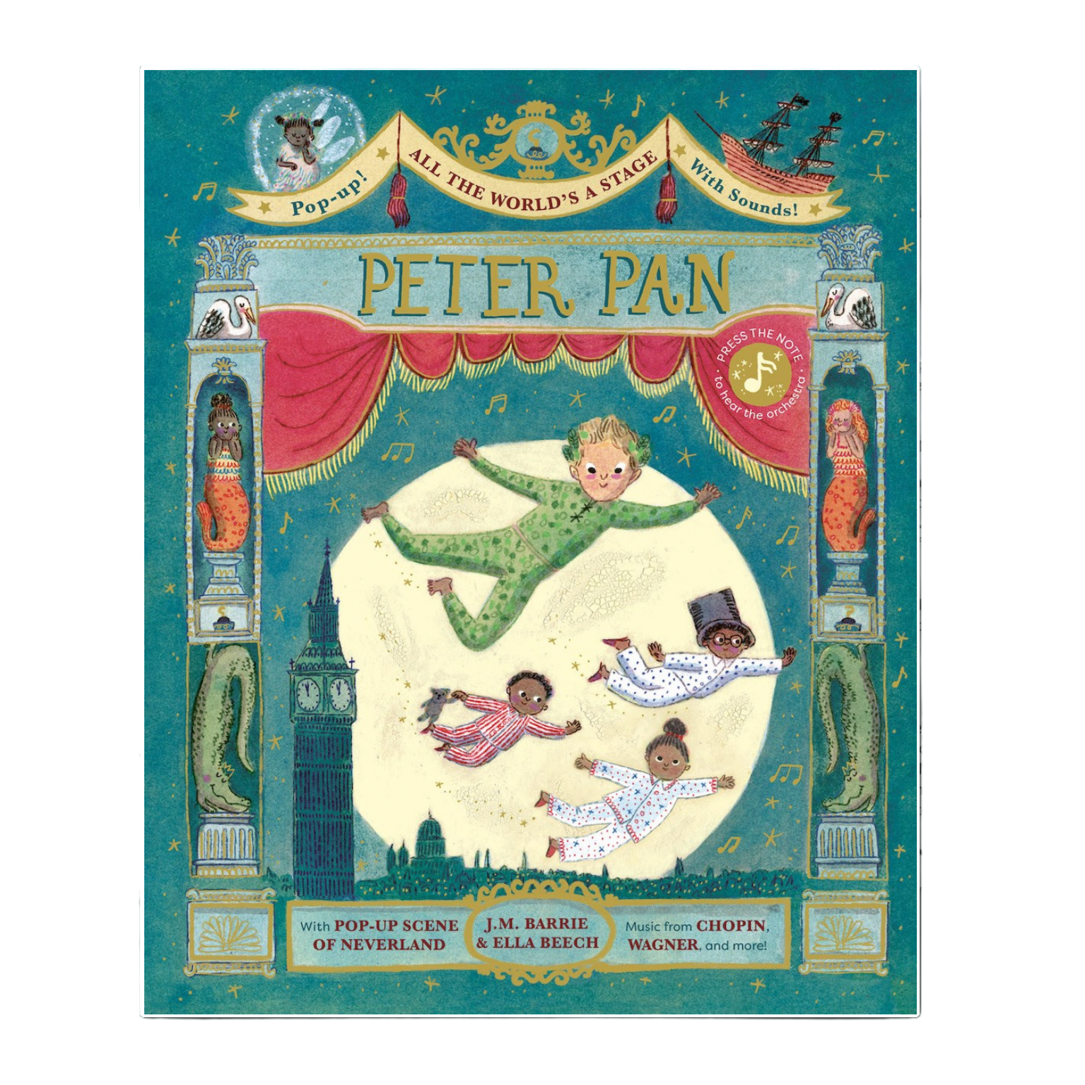 Illustrated book cover of 'Peter Pan' with characters and theater elements.