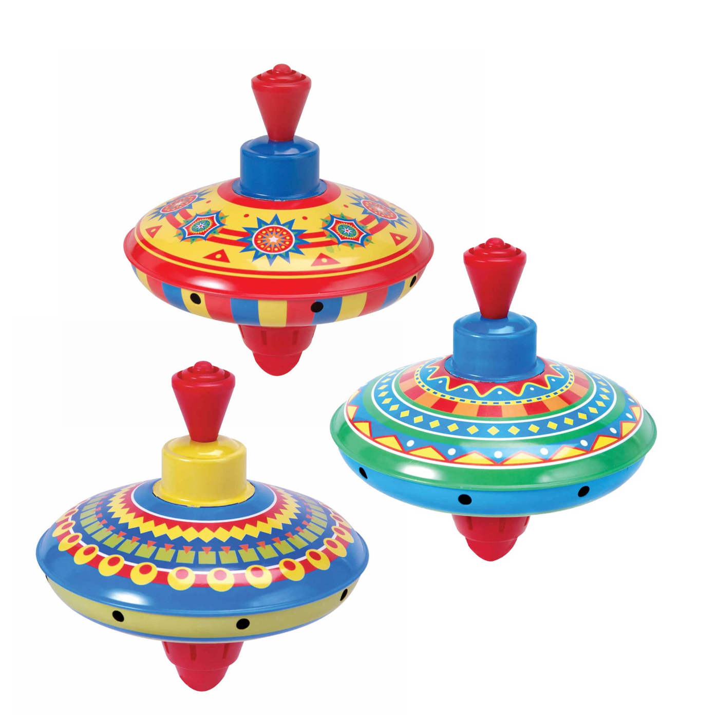 Three colorful spinning tops on a white background