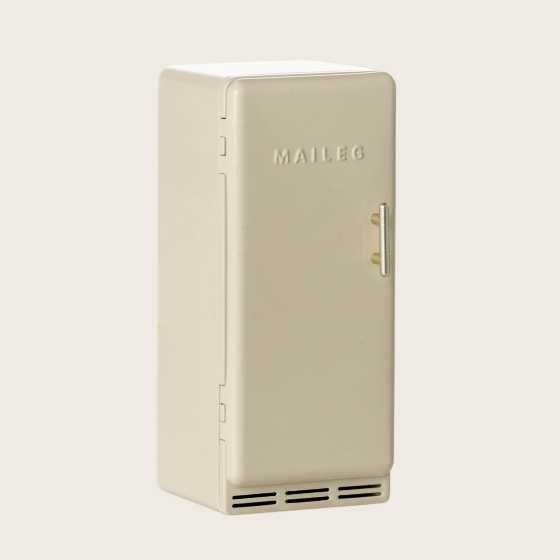Beige toy refrigerator with 'MAILEG' branding on a light beige background