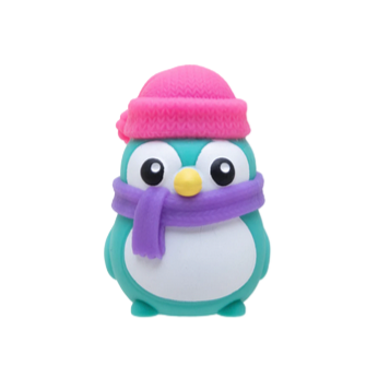 Two penguin toys with hats and scarves .