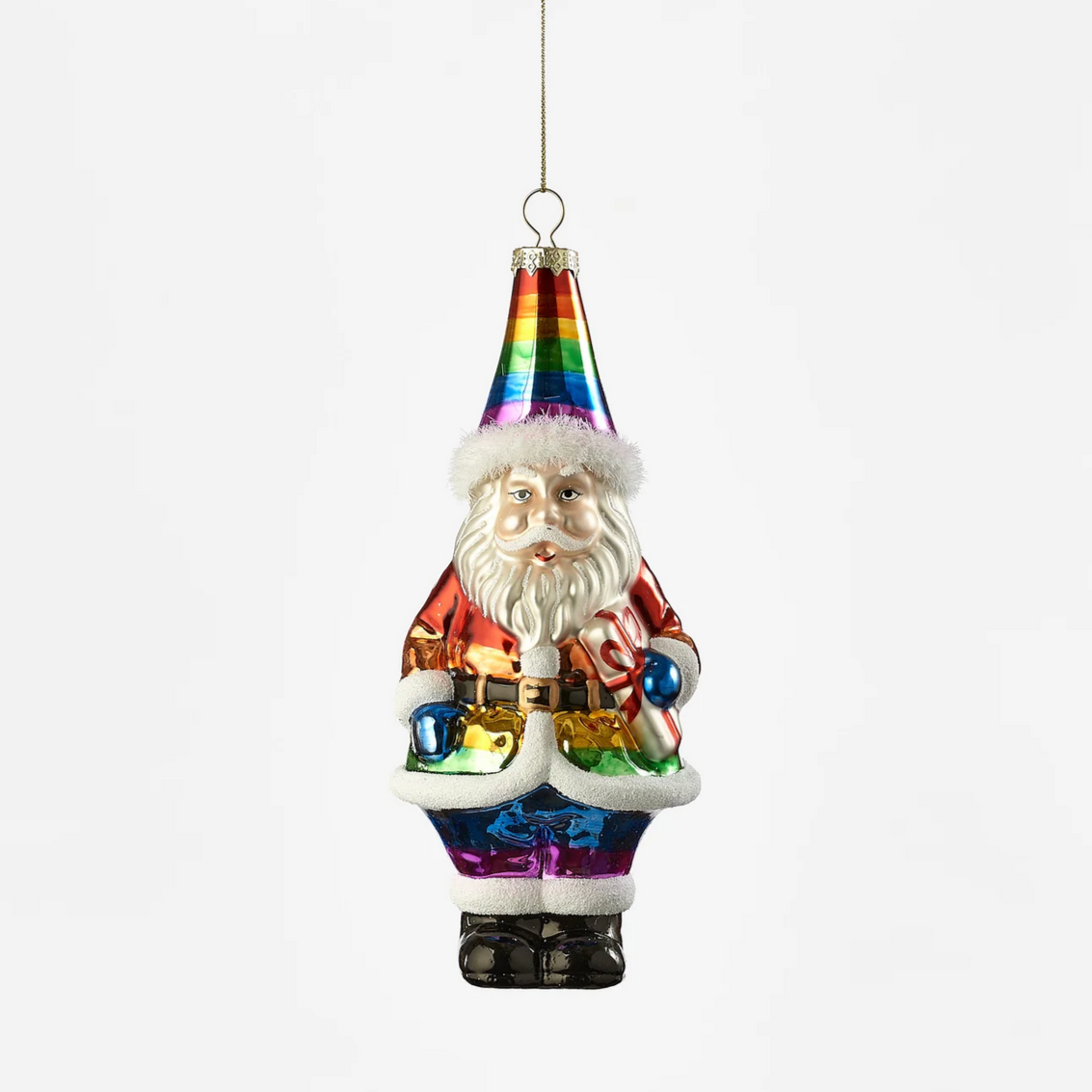 Colorful gnome ornament with rainbow hat on a white background