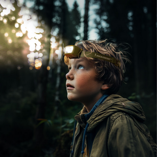 Child wearing a headlamp in a forest setting
