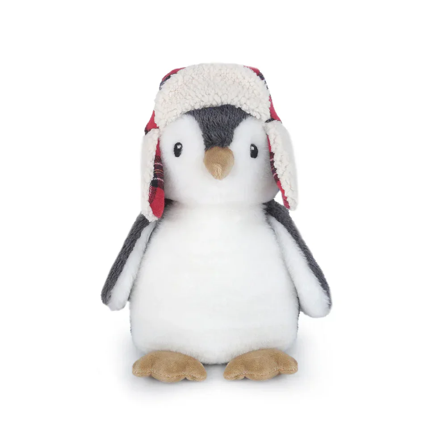 Stuffed penguin toy wearing a red and white checkered hat on a white background