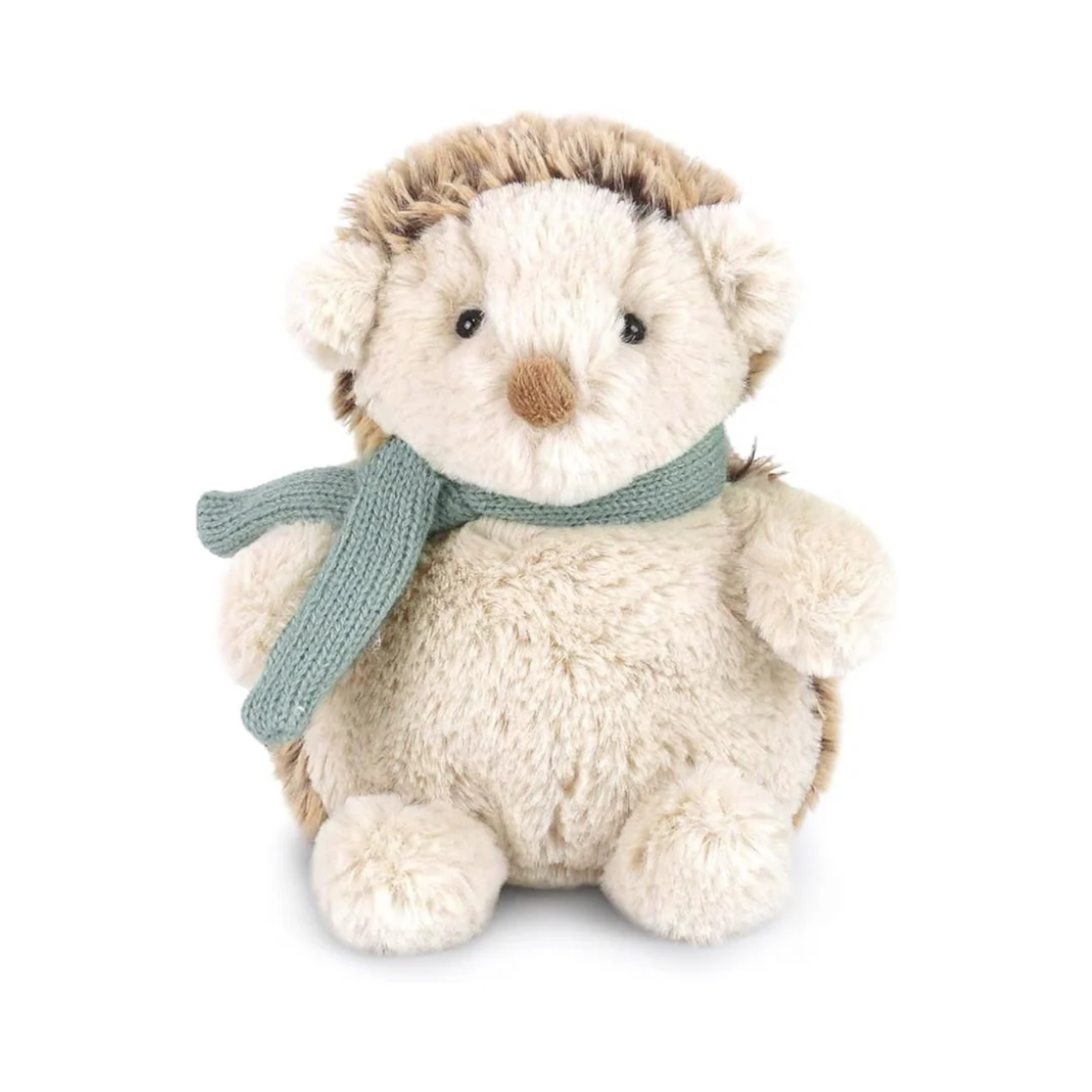 Stuffed hedgehog toy with a green scarf on a white background