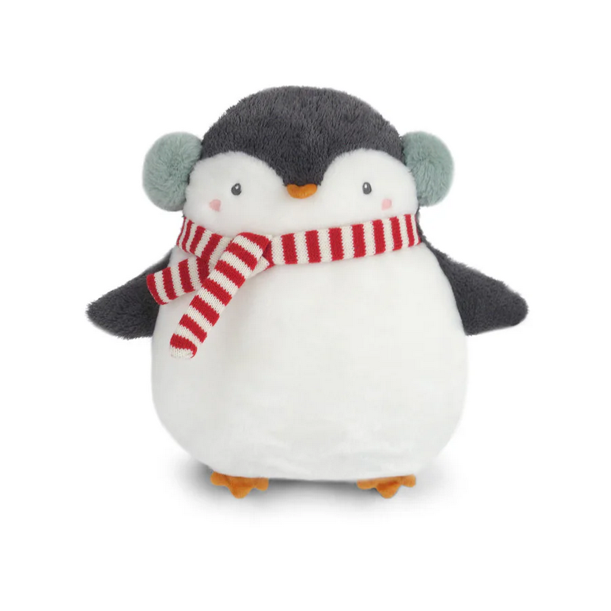 Plush penguin with a red and white striped scarf on a white background