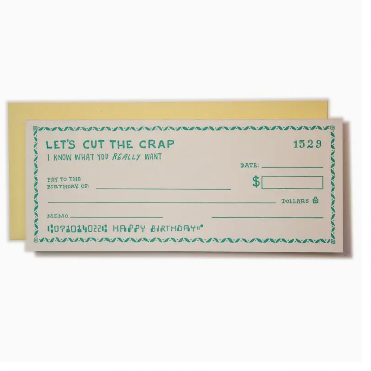 Birthday check with humorous text on a white background