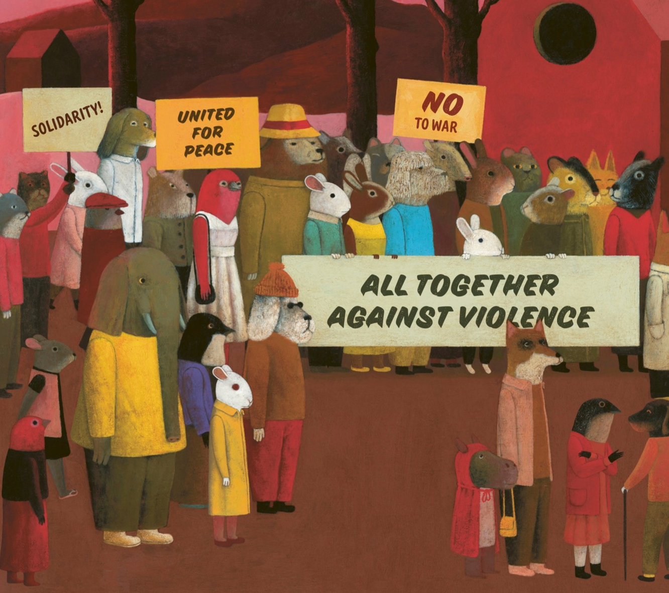 Illustration of animals holding signs and a banner with messages of peace and unity against violence.