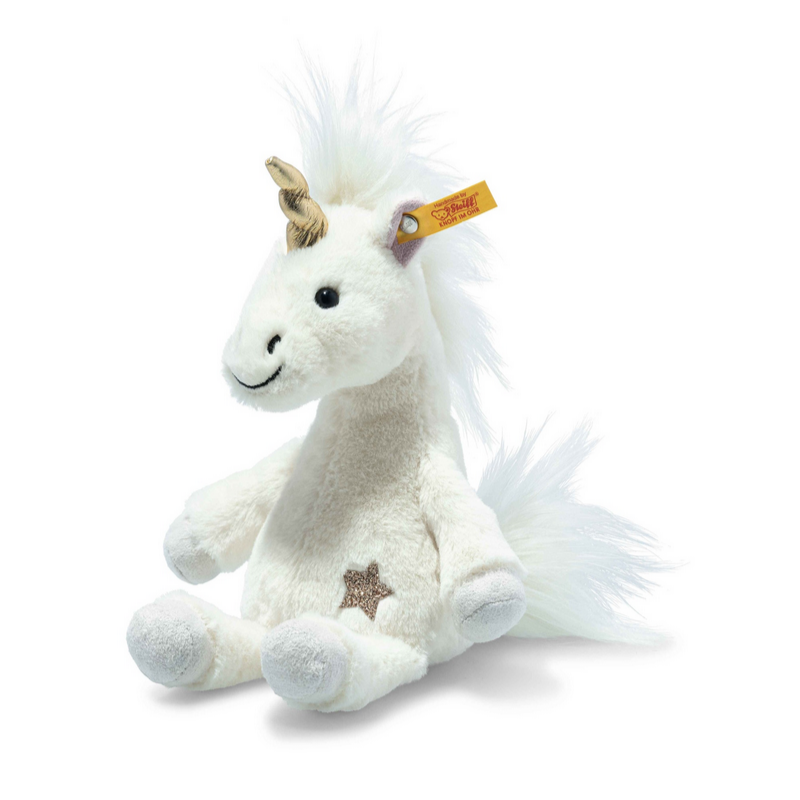 White unicorn plush toy with a gold horn on a white background