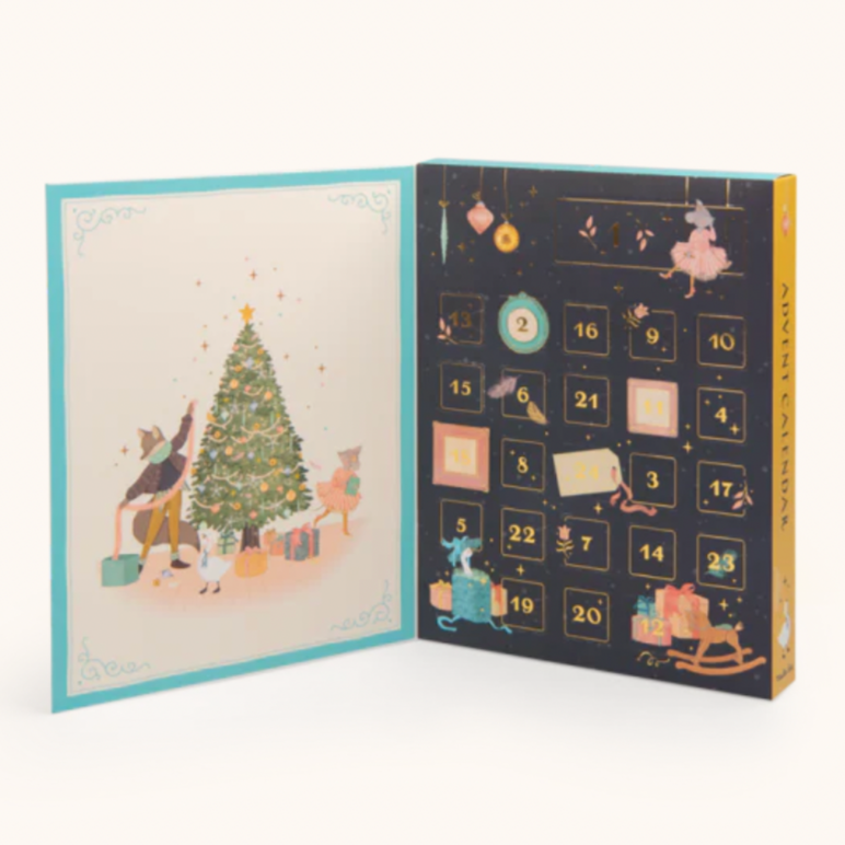 Open Advent calendar showing Christmas-themed illustrations on a white background