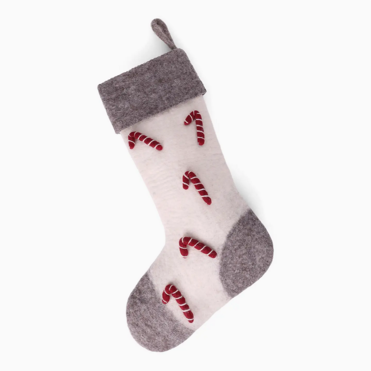 Christmas stocking with candy cane design on a white background