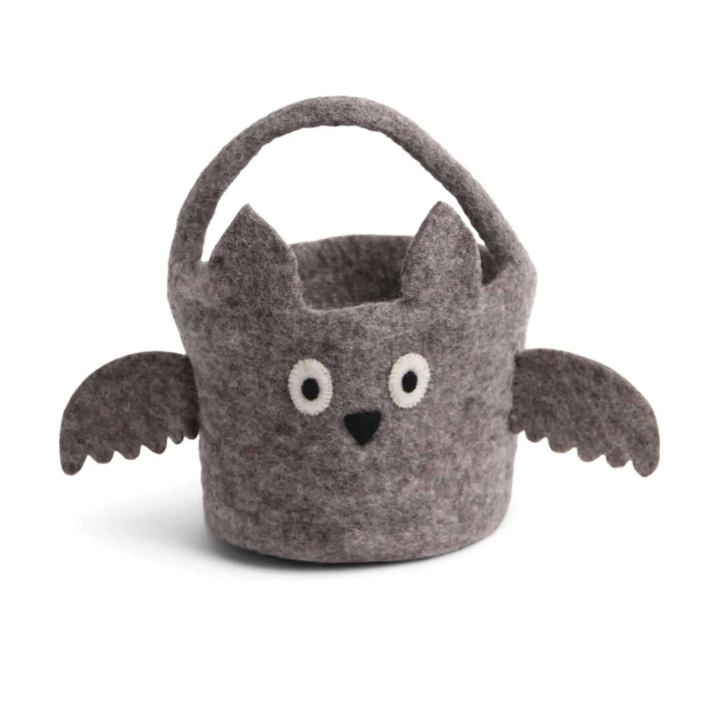 Gray felt bucket with bat design on a white background