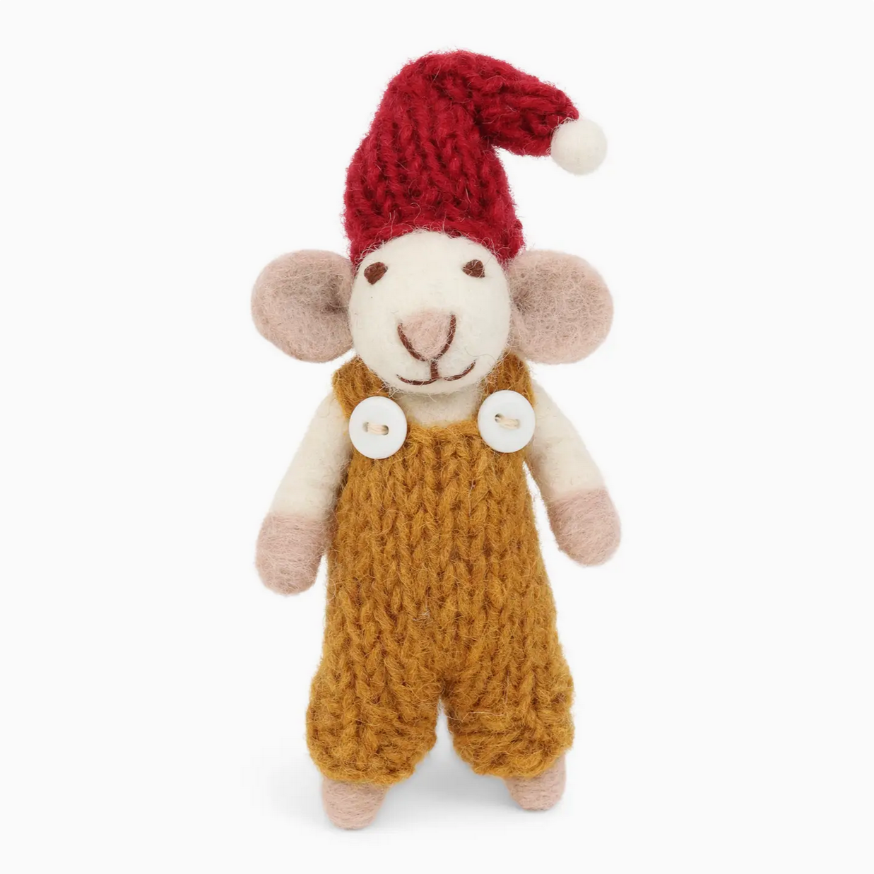 Knitted toy mouse in mustard overalls and red hat on a white background