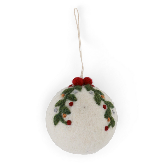 Felted Christmas ornament with holly design on a white background