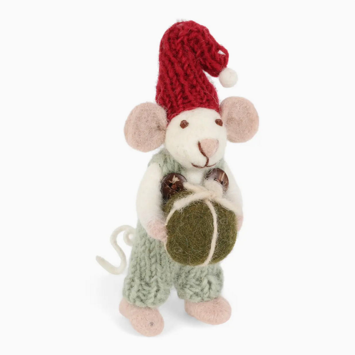 Stuffed mouse toy wearing a red hat and green outfit on a white background