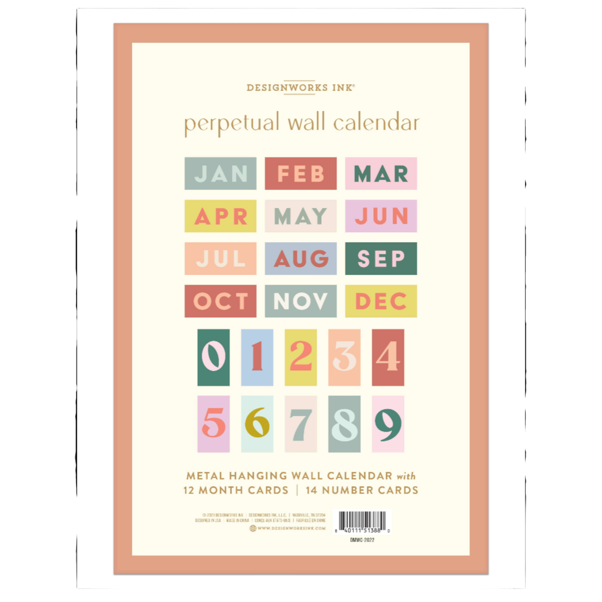 Perpetual wall calendar with colorful months and numbers 