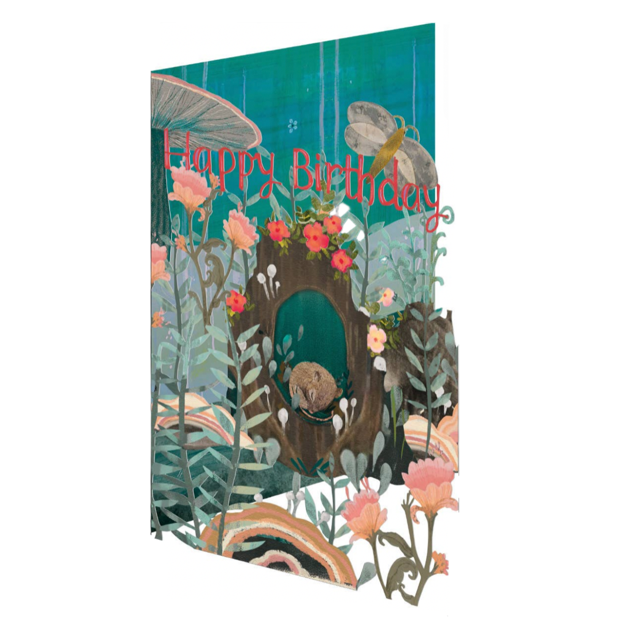 Illustration of a teddy bear in a garden with 'Happy Birthday' text.